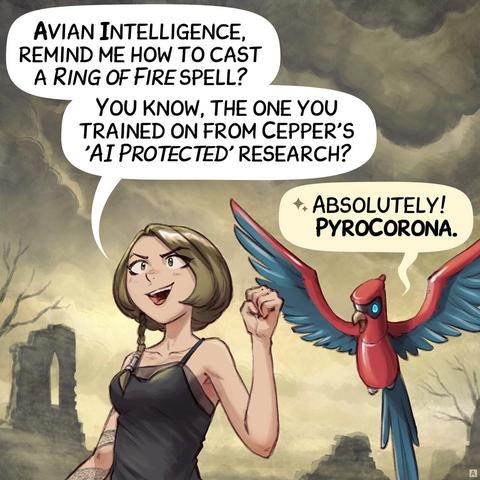 Panel 1. The Scholar sorceress with a snake tattoo stands in a desolated land made of ruins and dead trees. She speaks to her Avian Intelligence (AI) parrot flying near her shoulder.  
> Scholar: "Avian Intelligence, remind me how to cast a Ring of Fire spell? You know, the one you trained on from Cepper's 'AI Protected' research?"  
> AI Parrot: "Absolutely! PyroCorona."