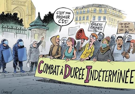 Dessin d'une manifestation actuelle. On voit une banderole : "Combat à Durée Indéterminée" avec un jeune homme qui dit à sa voisine : " C'est mon premier CDI"